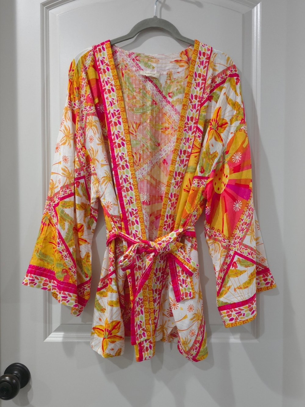 Haute Hippie Vibrant Multicolor Pineapple Floral Tie-Waist Kimono Cardigan, Nwot - Picture 2 of 16